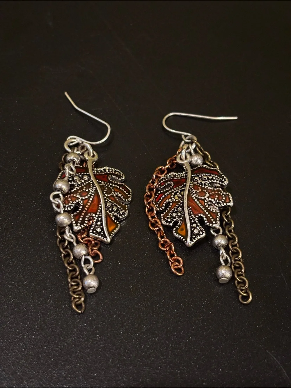 Handcrafted Leaf Dangle Earrings - Orange and Mixed Metal -